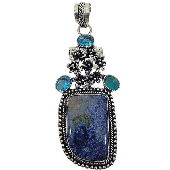 Blue Azurite Pendant with Sterling Silver Floral Design and Blue Topaz Accent - Picture 1 of 9